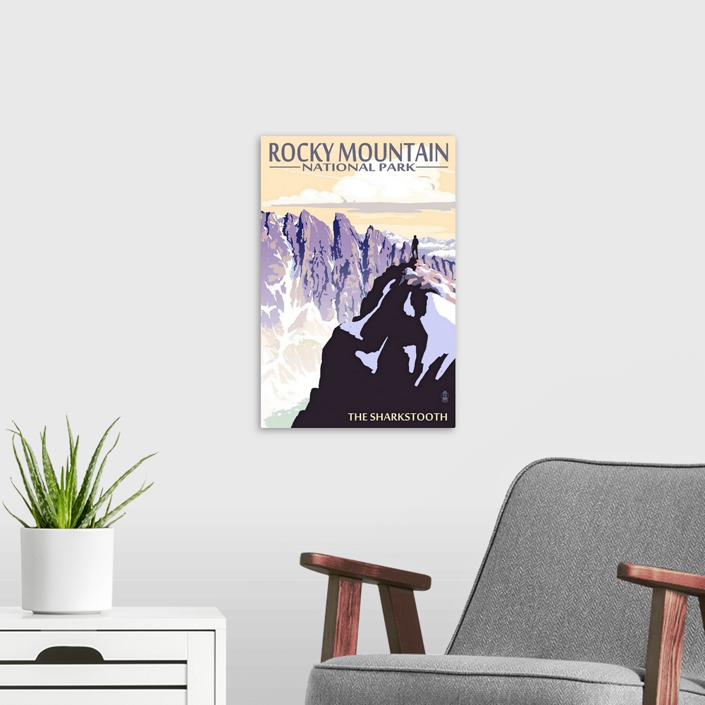 A modern room featuring Retro stylized art poster of jagged mountain cliffs in winter.