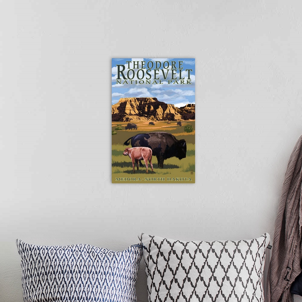 A bohemian room featuring Theodore Roosevelt National Park, Medora, North Dakota, Bison and Calf