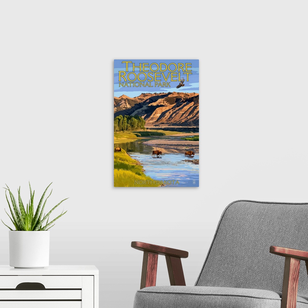 A modern room featuring Theodore Roosevelt National Park, North Dakota, Bison Crossing River