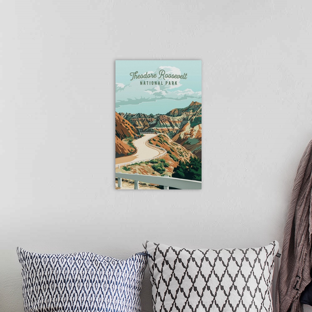 A bohemian room featuring Theodore Roosevelt National Park, Scenic Drive: Retro Travel Poster