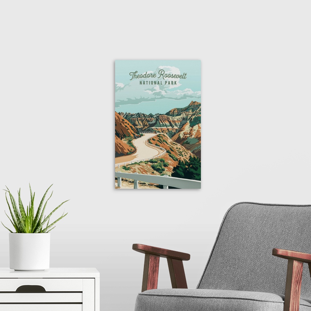 A modern room featuring Theodore Roosevelt National Park, Scenic Drive: Retro Travel Poster