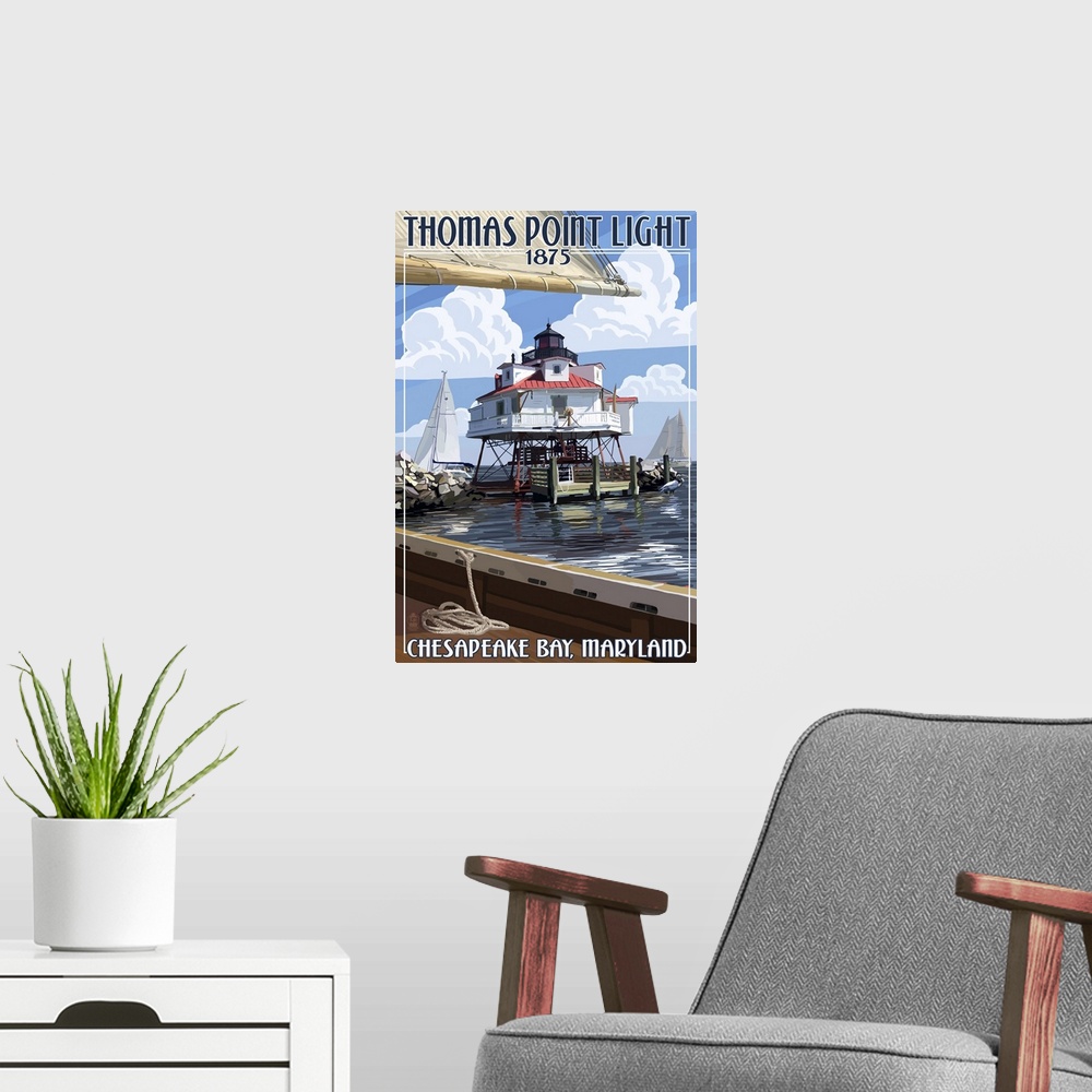 A modern room featuring Thomas Point Light - Chesapeake Bay, Maryland: Retro Travel Poster