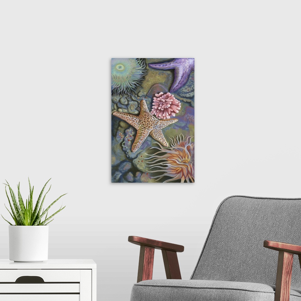 A modern room featuring Tidepool: Retro Poster Art