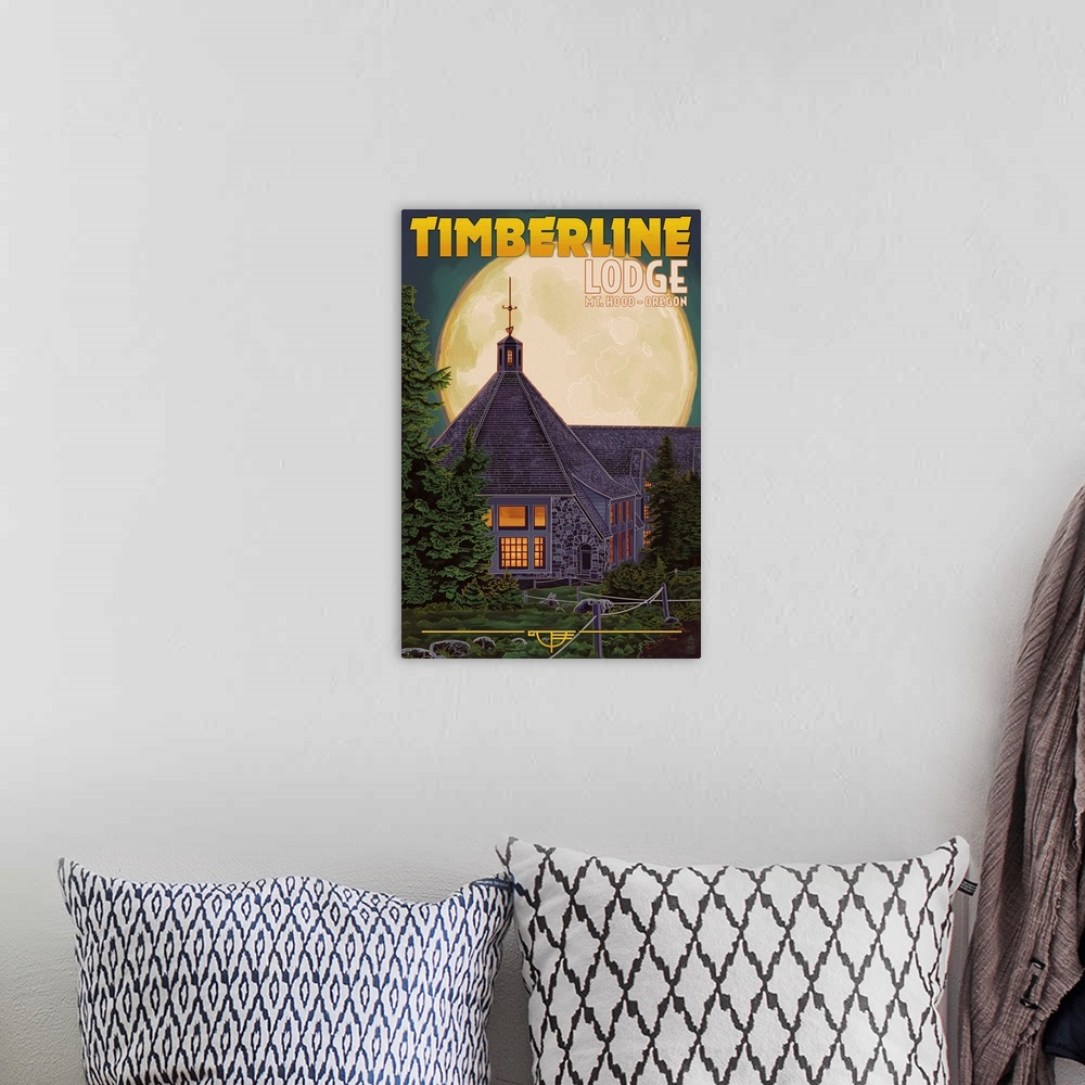 A bohemian room featuring Timberline Lodge and Full Moon - Mt. Hood, Oregon: Retro Travel Poster