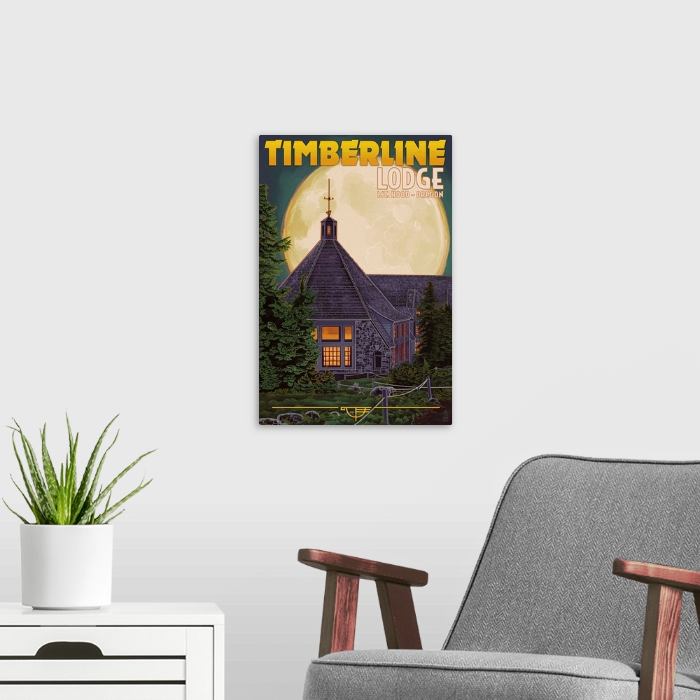 A modern room featuring Timberline Lodge and Full Moon - Mt. Hood, Oregon: Retro Travel Poster