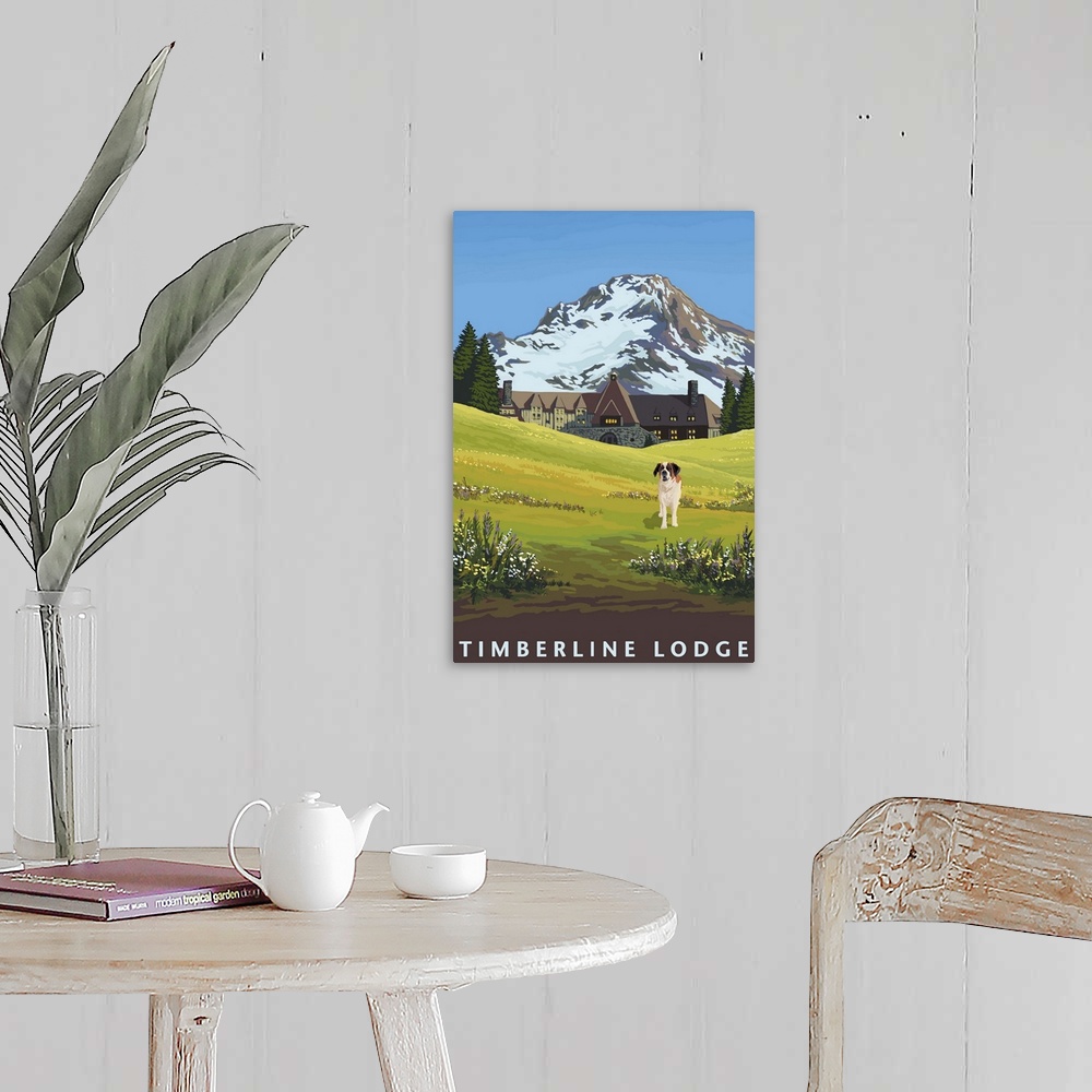 A farmhouse room featuring Timberline Lodge in Spring: Retro Travel Poster