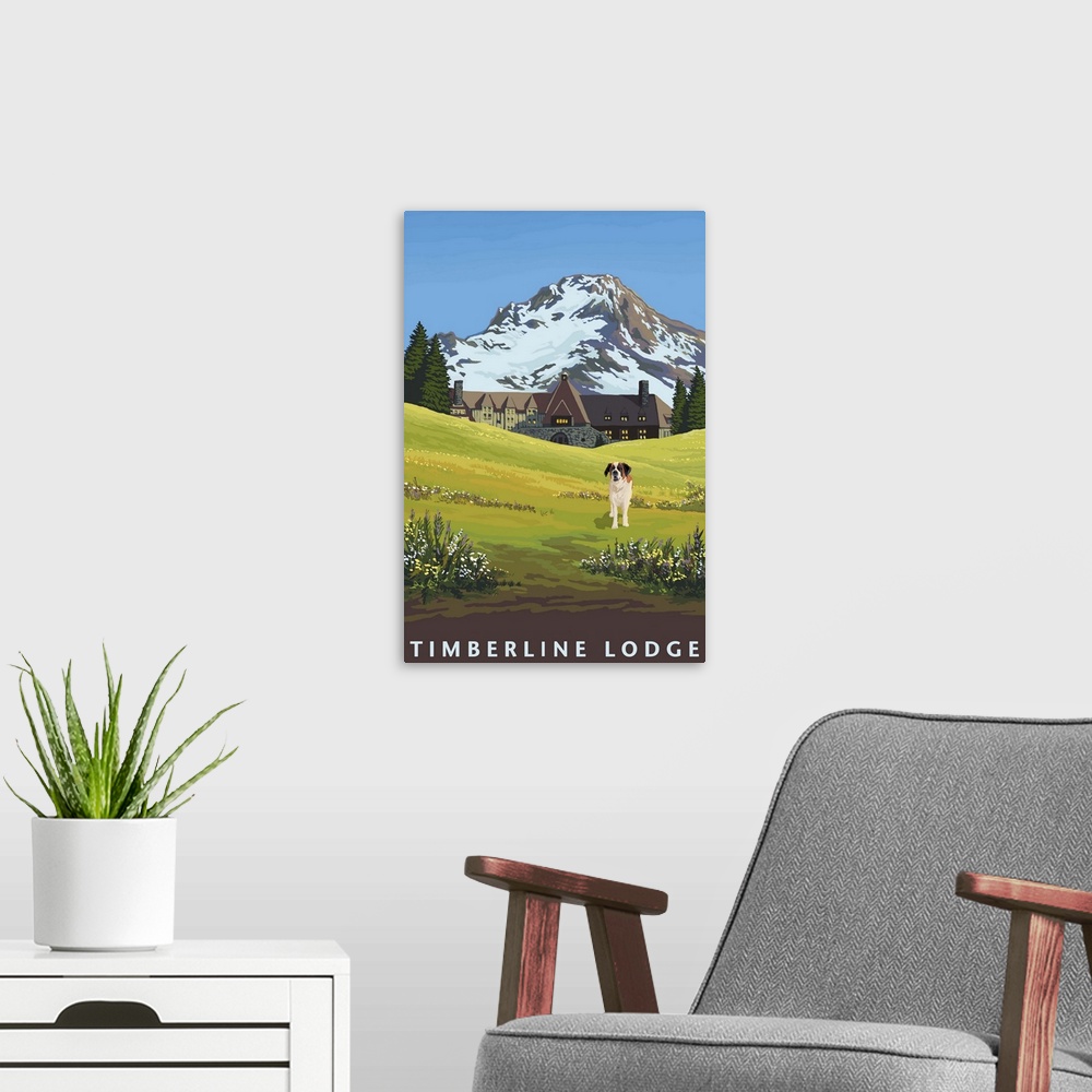 A modern room featuring Timberline Lodge in Spring: Retro Travel Poster