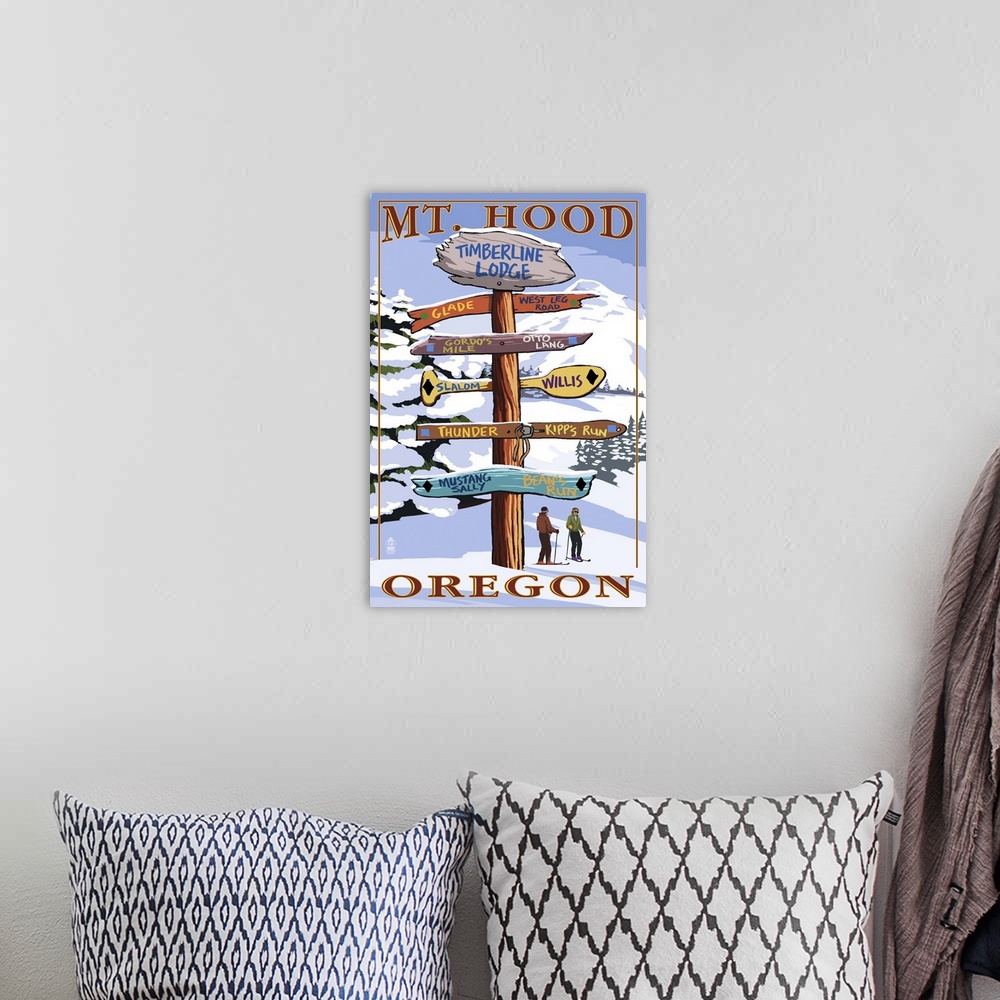 A bohemian room featuring Timberline Lodge - Mt. Hood, Oregon - Winter Ski Runs Sign: Retro Travel Poster