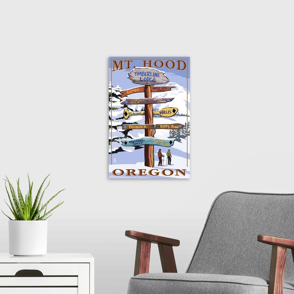 A modern room featuring Timberline Lodge - Mt. Hood, Oregon - Winter Ski Runs Sign: Retro Travel Poster