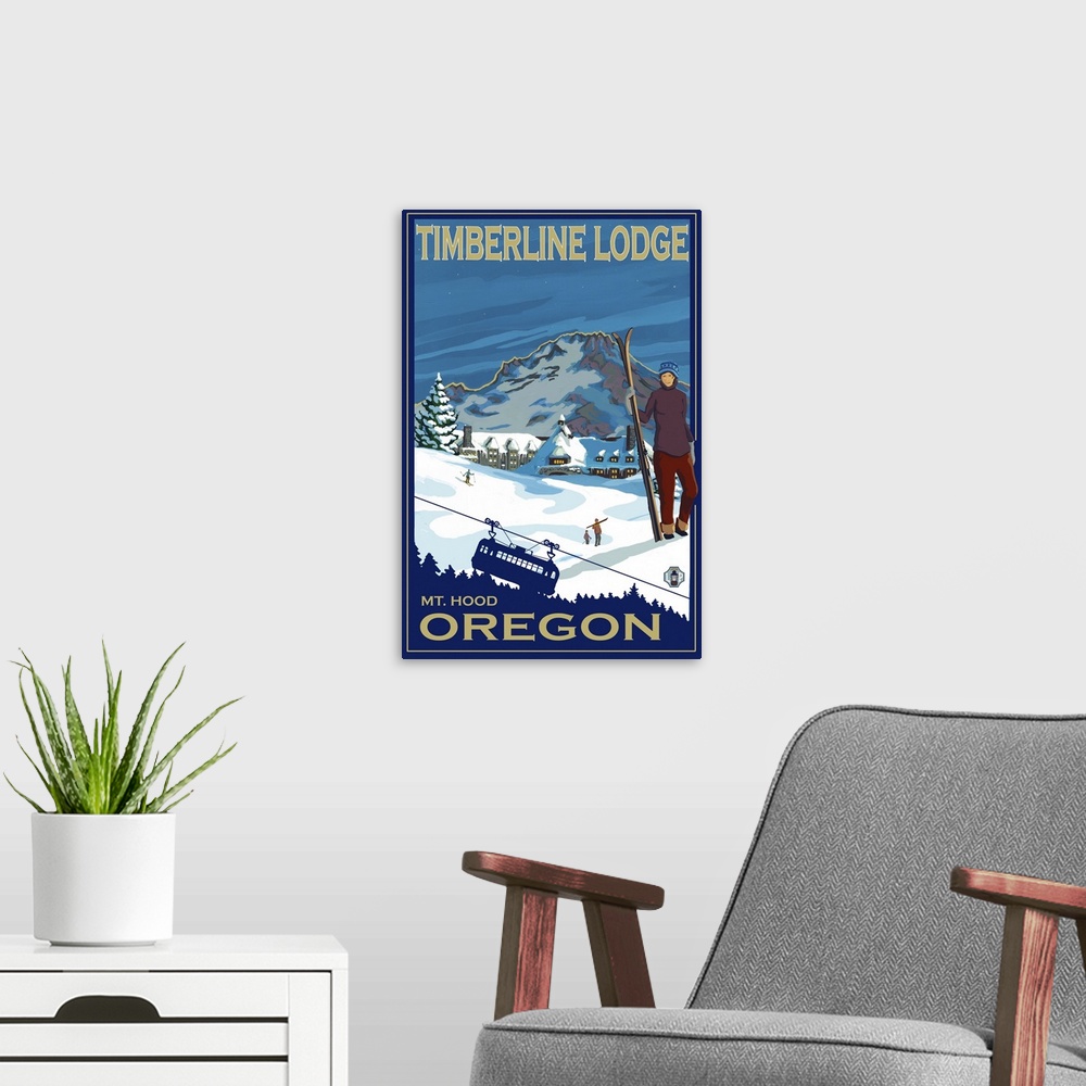 A modern room featuring Timberline Lodge: Retro Travel Poster