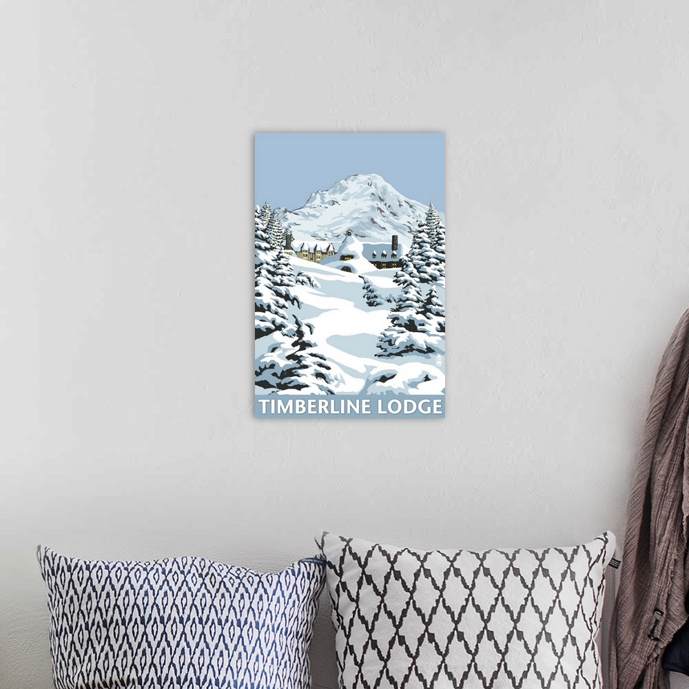A bohemian room featuring Timberline Lodge - Winter Scene at Mt. Hood: Retro Travel Poster