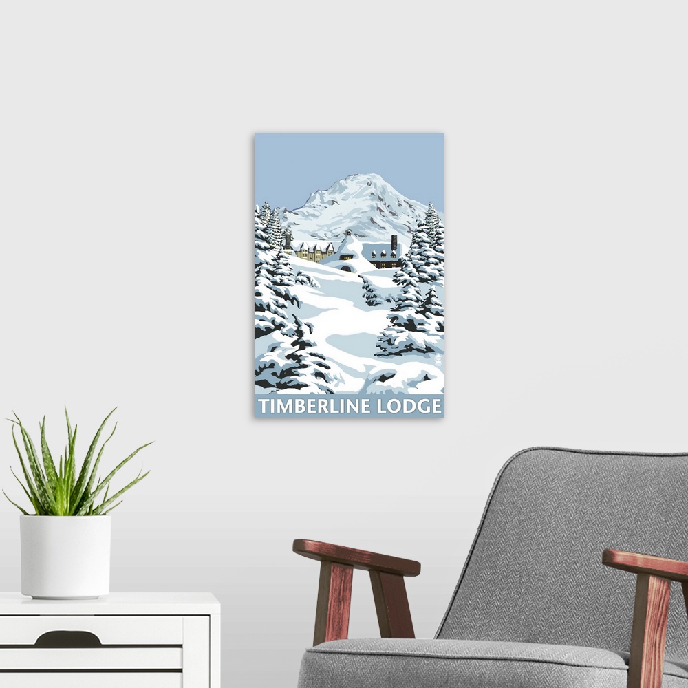 A modern room featuring Timberline Lodge - Winter Scene at Mt. Hood: Retro Travel Poster