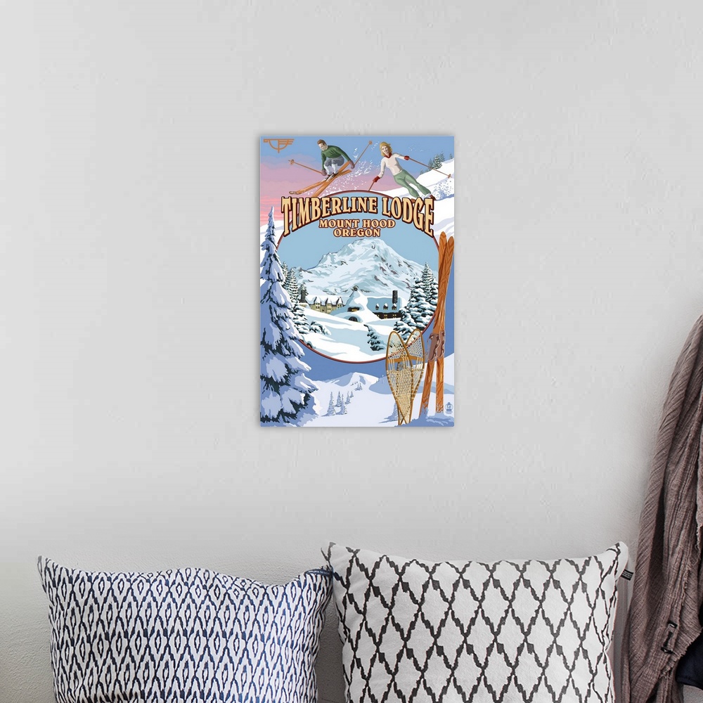 A bohemian room featuring Timberline Lodge - Winter Views - Mt. Hood, Oregon: Retro Travel Poster