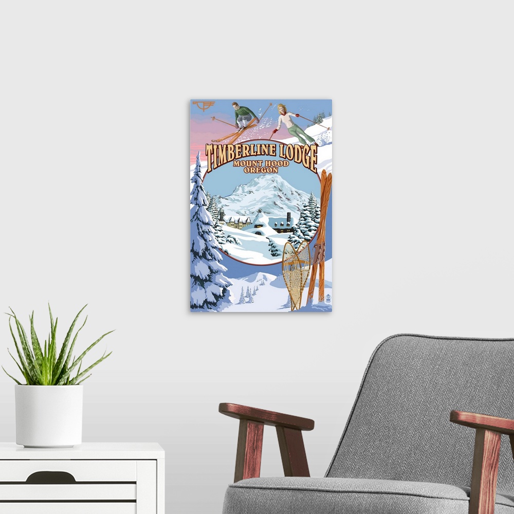 A modern room featuring Timberline Lodge - Winter Views - Mt. Hood, Oregon: Retro Travel Poster