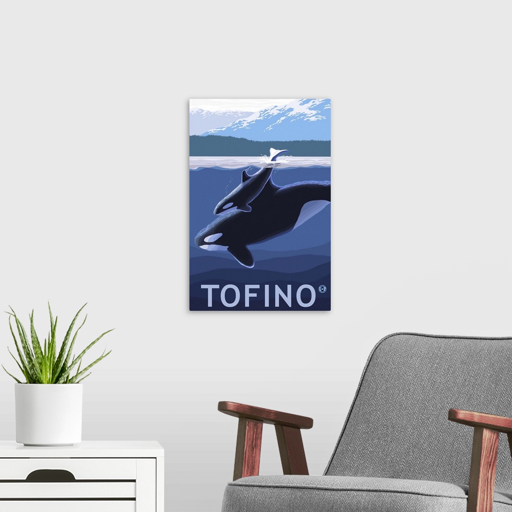 A modern room featuring Tofino, Canada - Orca and Calf: Retro Travel Poster