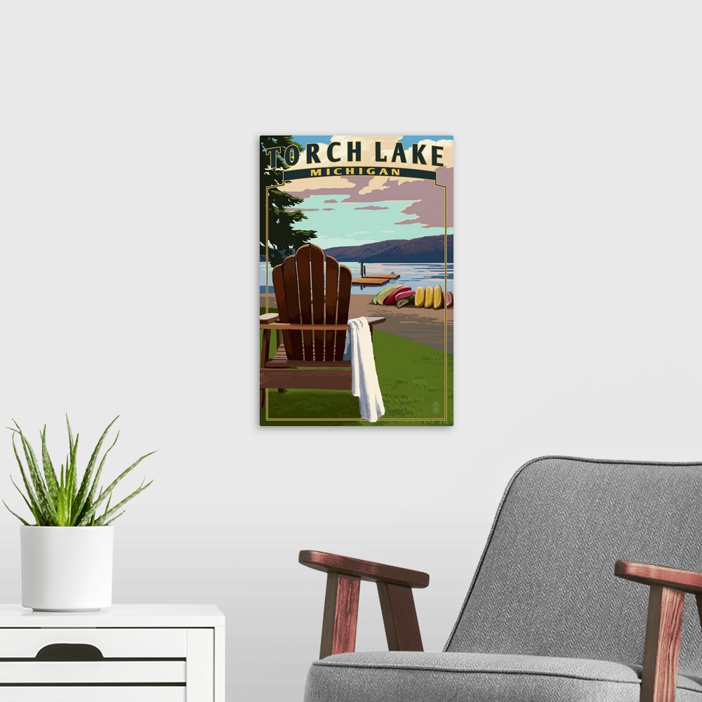 A modern room featuring Torch Lake, Michigan - Adirondack Chairs: Retro Travel Poster