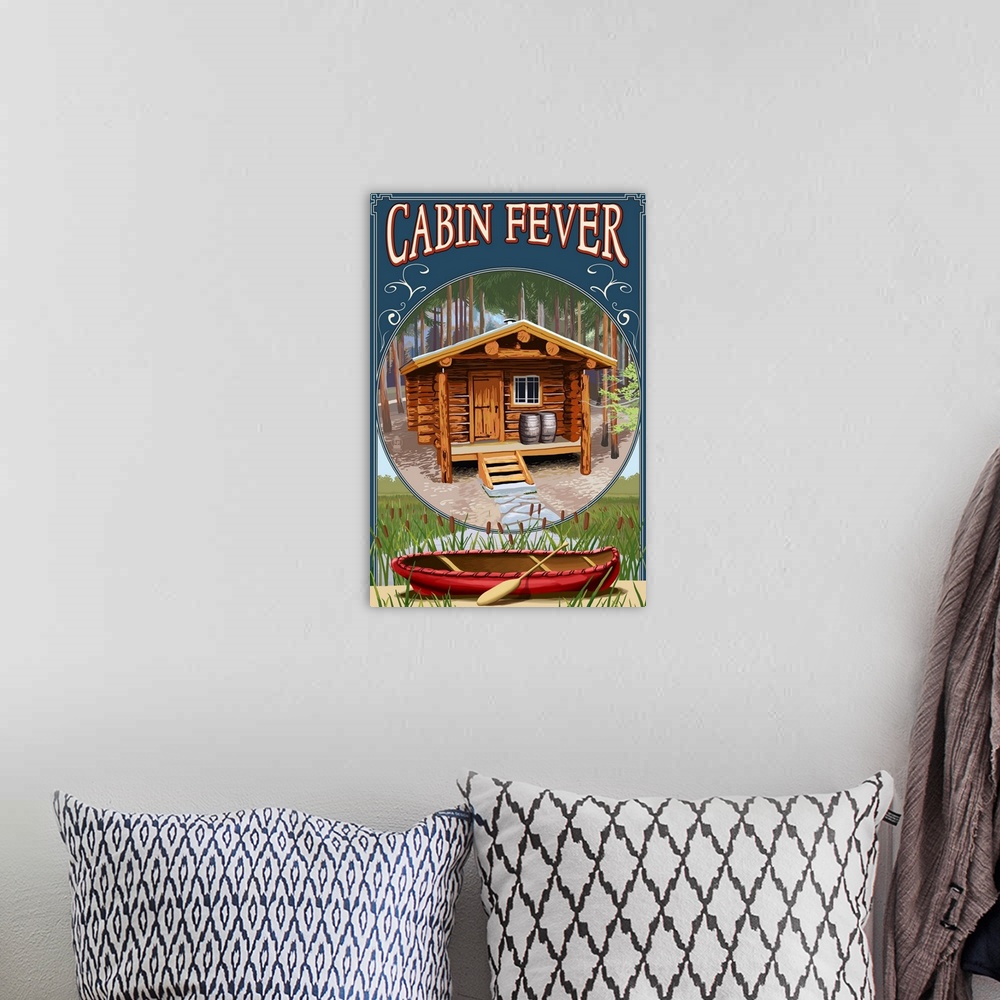 A bohemian room featuring Torch Lake, Michigan - Cabin in Woods: Retro Travel Poster