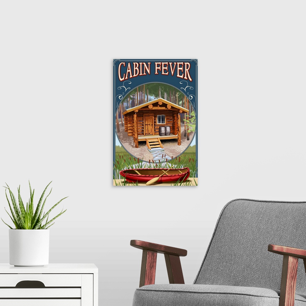 A modern room featuring Torch Lake, Michigan - Cabin in Woods: Retro Travel Poster