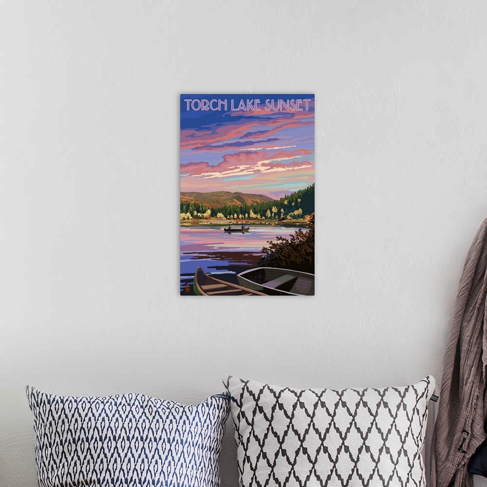 A bohemian room featuring Torch Lake, Michigan - Lake Scene at Dusk: Retro Travel Poster