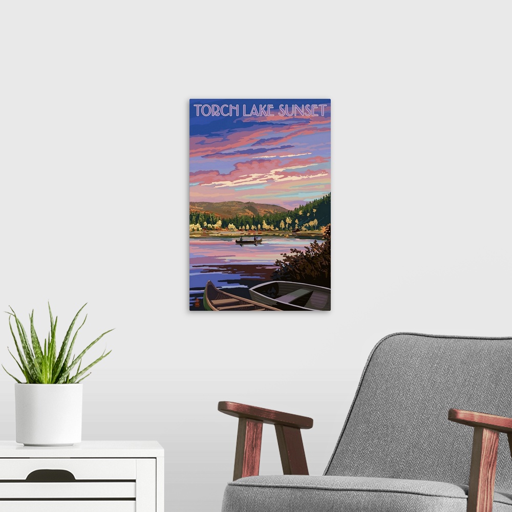 A modern room featuring Torch Lake, Michigan - Lake Scene at Dusk: Retro Travel Poster