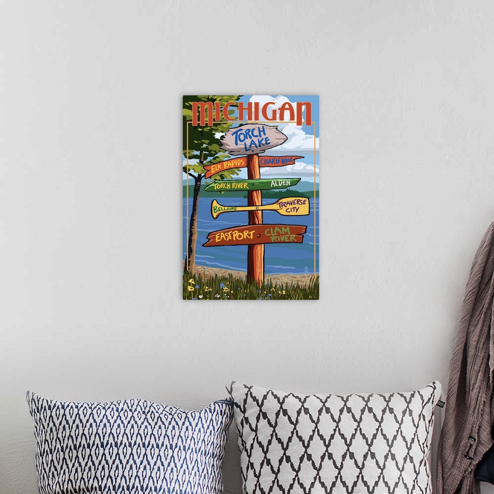A bohemian room featuring Torch Lake, Michigan - Sign Destinations: Retro Travel Poster