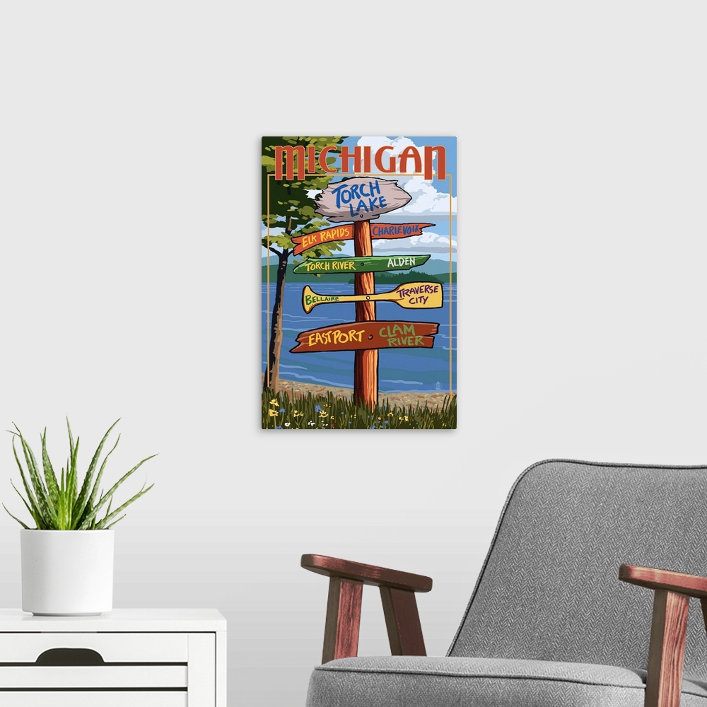 A modern room featuring Torch Lake, Michigan - Sign Destinations: Retro Travel Poster