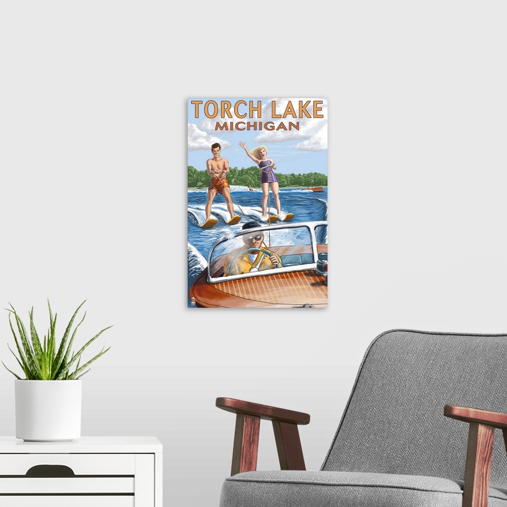 A modern room featuring Torch Lake, Michigan - Water Skiing and Wooden Boat : Retro Travel Poster