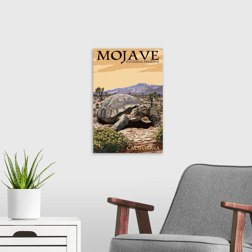 A modern room featuring Tortoise - Mojave National Preserve, California: Retro Travel Poster