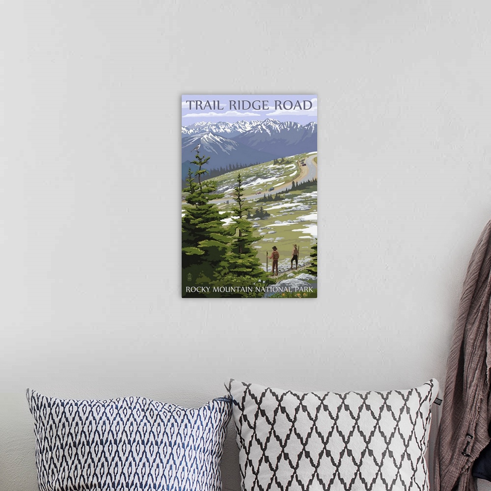 A bohemian room featuring Trail Ridge Road - Rocky Mountain National Park: Retro Travel Poster