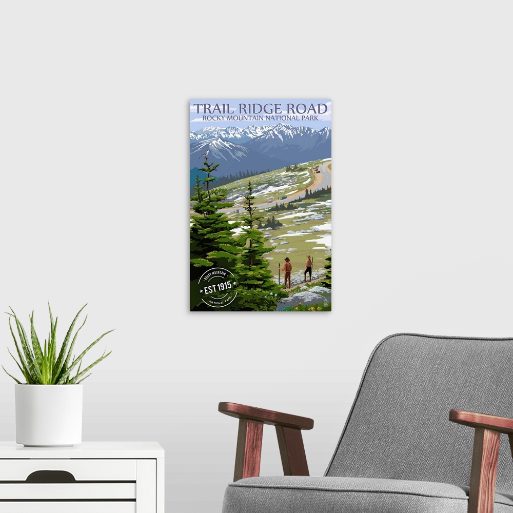 A modern room featuring Trail Ridge Road, Rocky Mountain National Park, Rubber Stamp