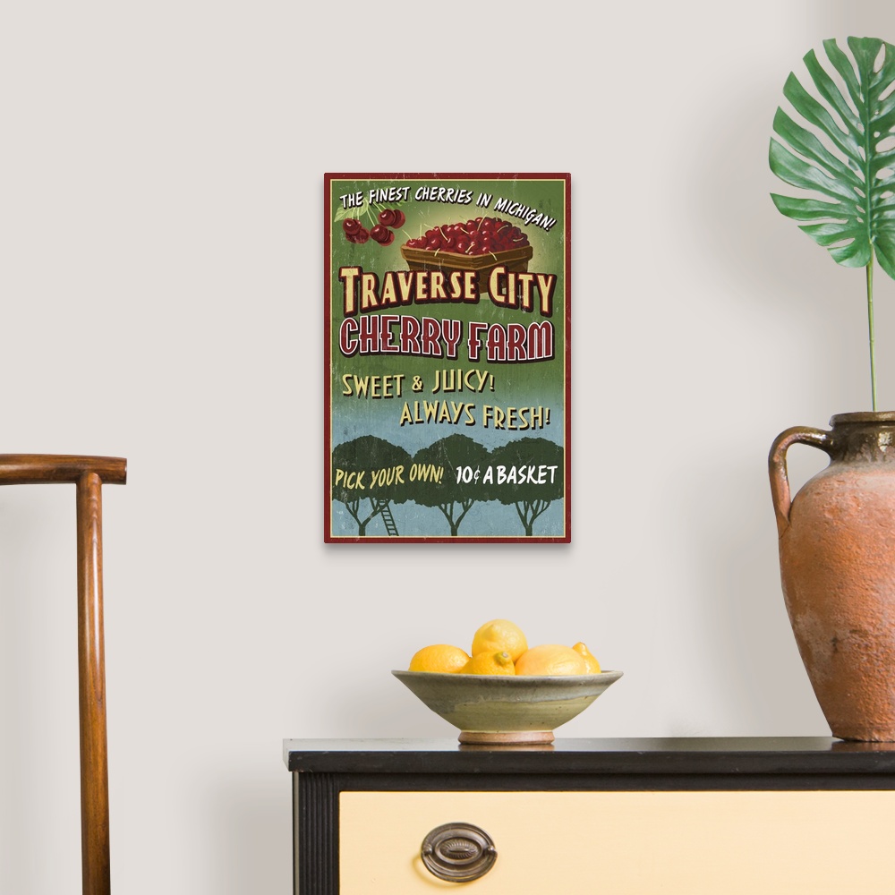 A traditional room featuring Traverse City, Michigan - Cherry Farm Vintage Sign: Retro Travel Poster