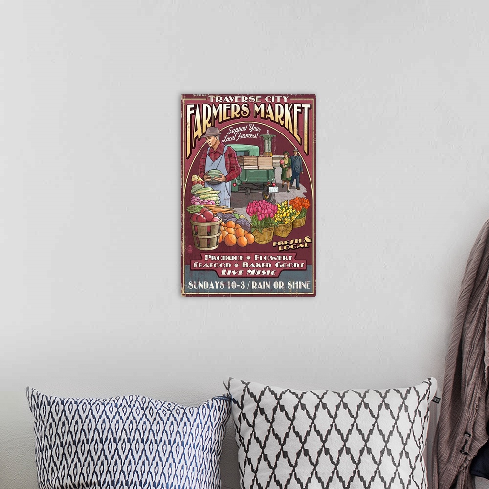 A bohemian room featuring Traverse City, Michigan - Farmers Market Vintage Sign: Retro Travel Poster