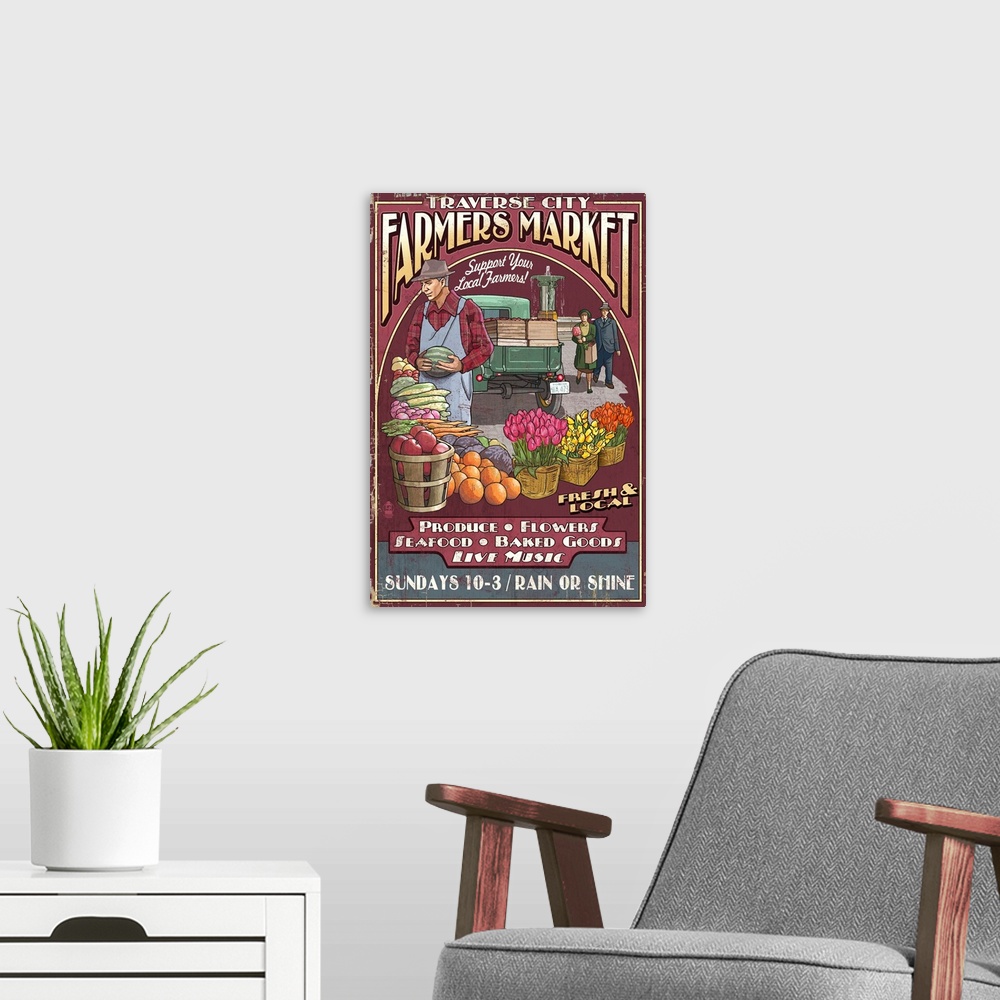 A modern room featuring Traverse City, Michigan - Farmers Market Vintage Sign: Retro Travel Poster