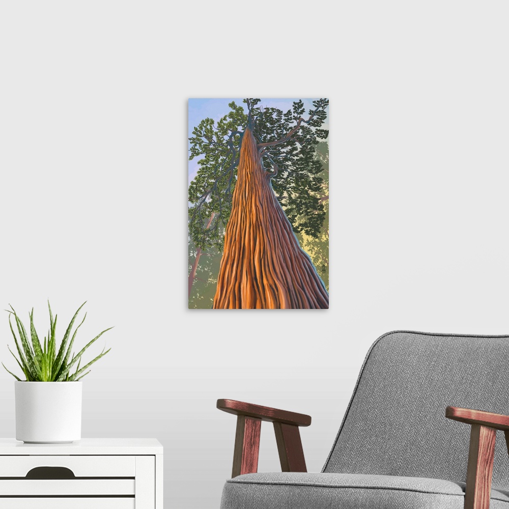 A modern room featuring Tree Looking Up: Retro Travel Poster