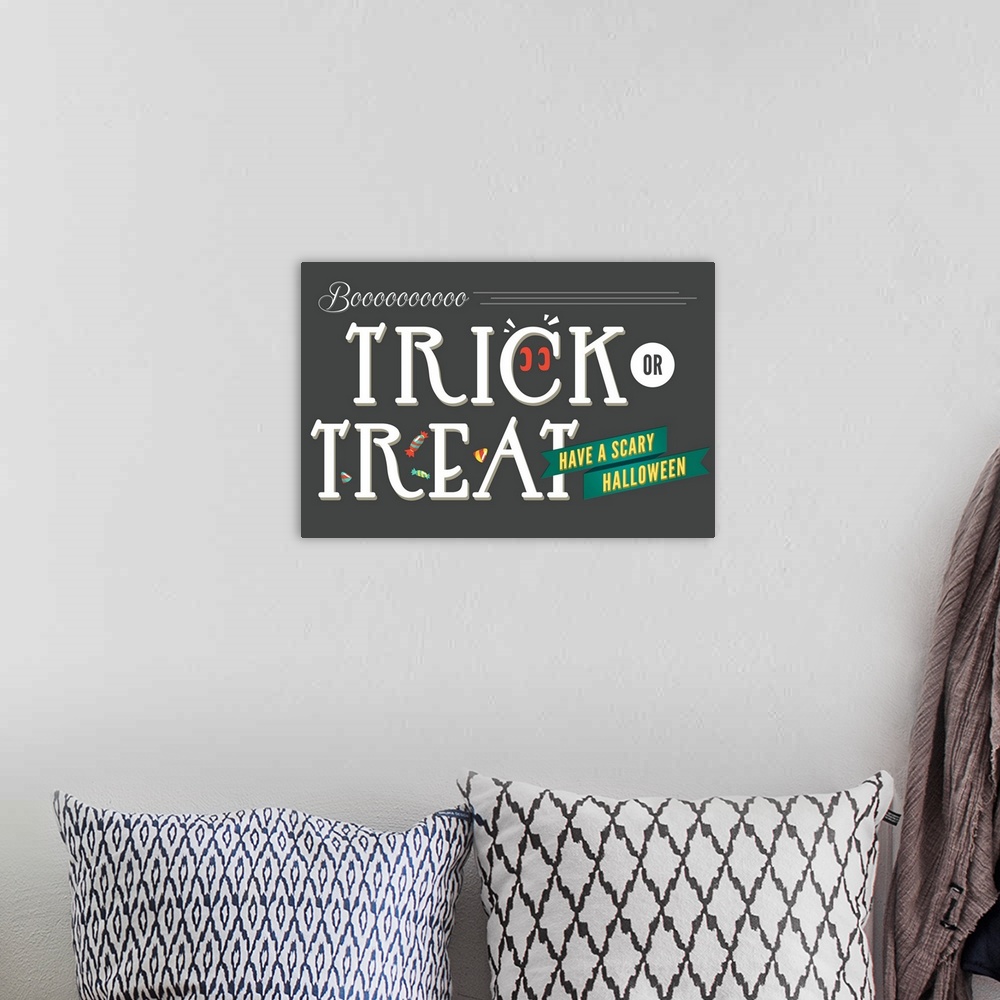 A bohemian room featuring Trick or Treat, Happy Halloween