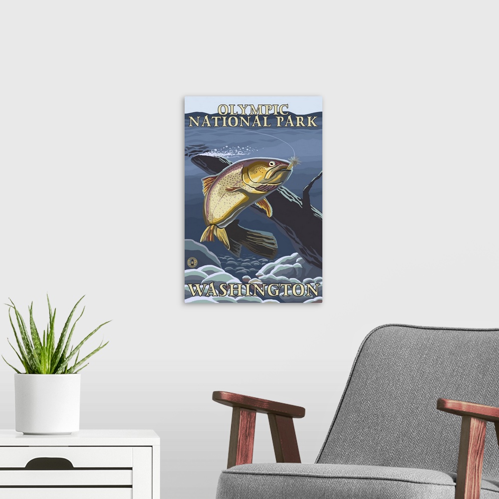 A modern room featuring Trout Fishing Cross-Section - Olympic National Park, Washington: Retro Travel Poster