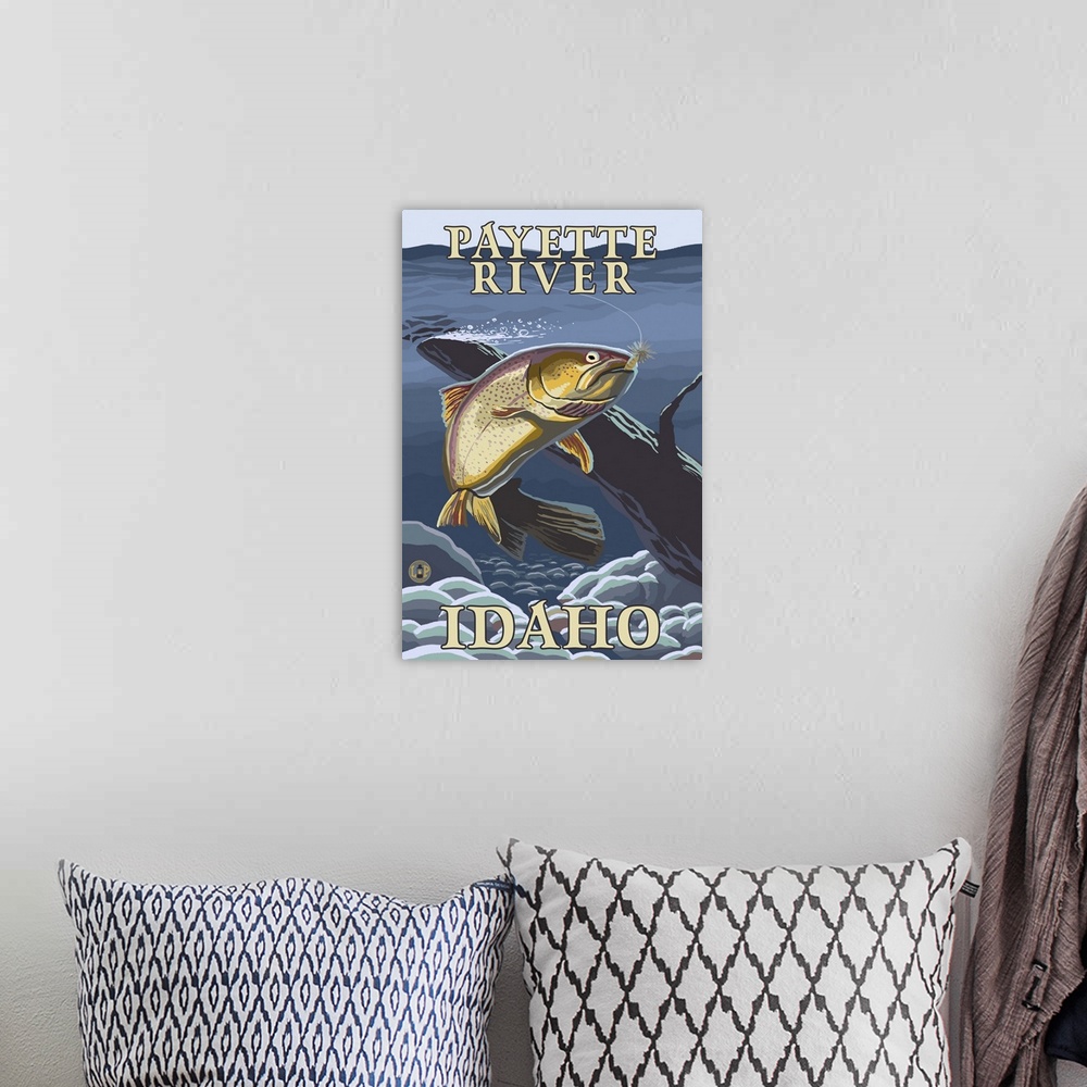 A bohemian room featuring Trout Fishing Cross-Section - Payette River, Idaho: Retro Travel Poster