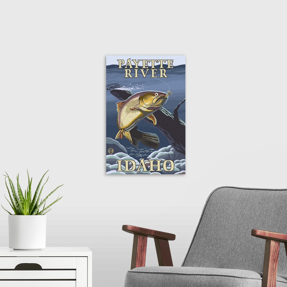A modern room featuring Trout Fishing Cross-Section - Payette River, Idaho: Retro Travel Poster