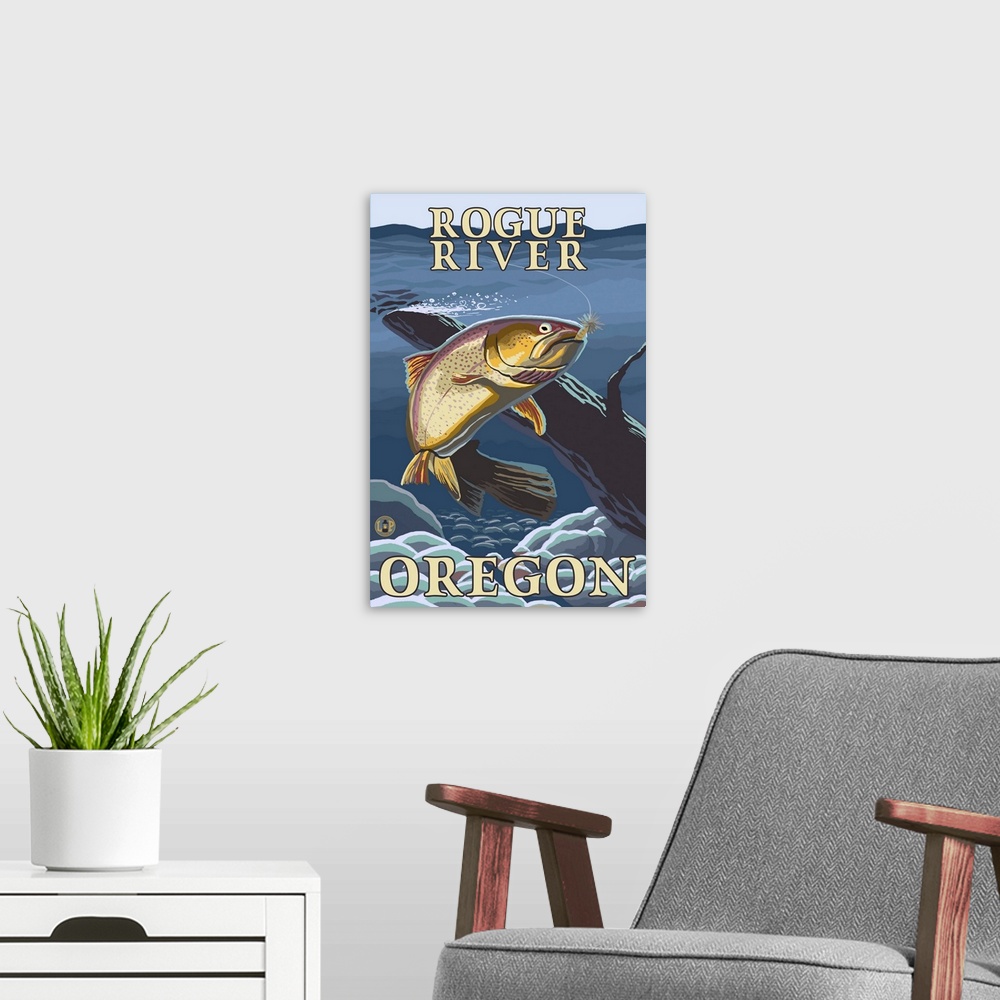 A modern room featuring Trout Fishing Cross-Section - Rogue River, Oregon: Retro Travel Poster