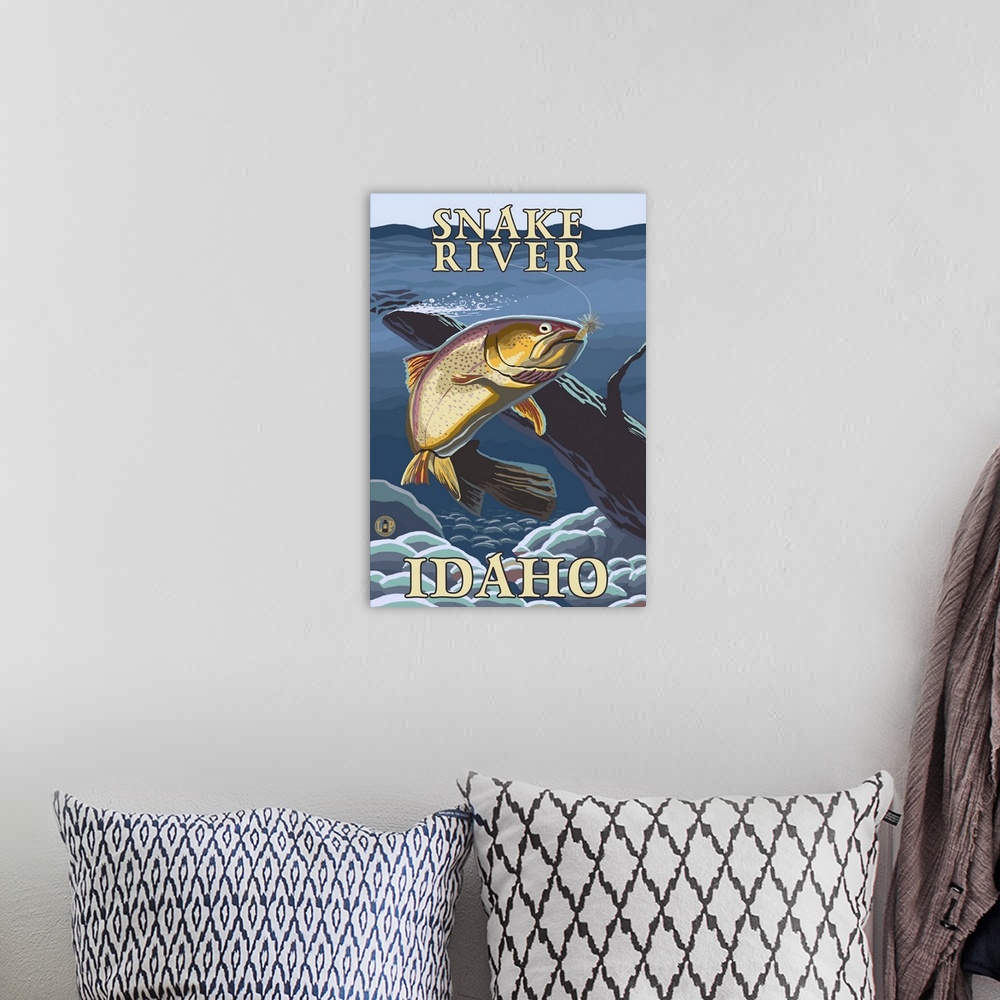 A bohemian room featuring Trout Fishing Cross-Section - Snake River, Idaho: Retro Travel Poster