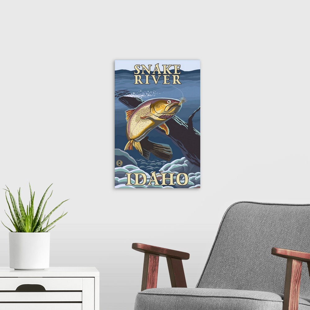 A modern room featuring Trout Fishing Cross-Section - Snake River, Idaho: Retro Travel Poster