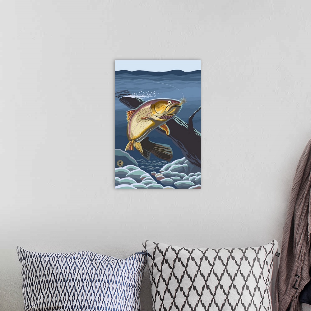 A bohemian room featuring Retro stylized art poster of a trout with a fishing line caught in its mouth.