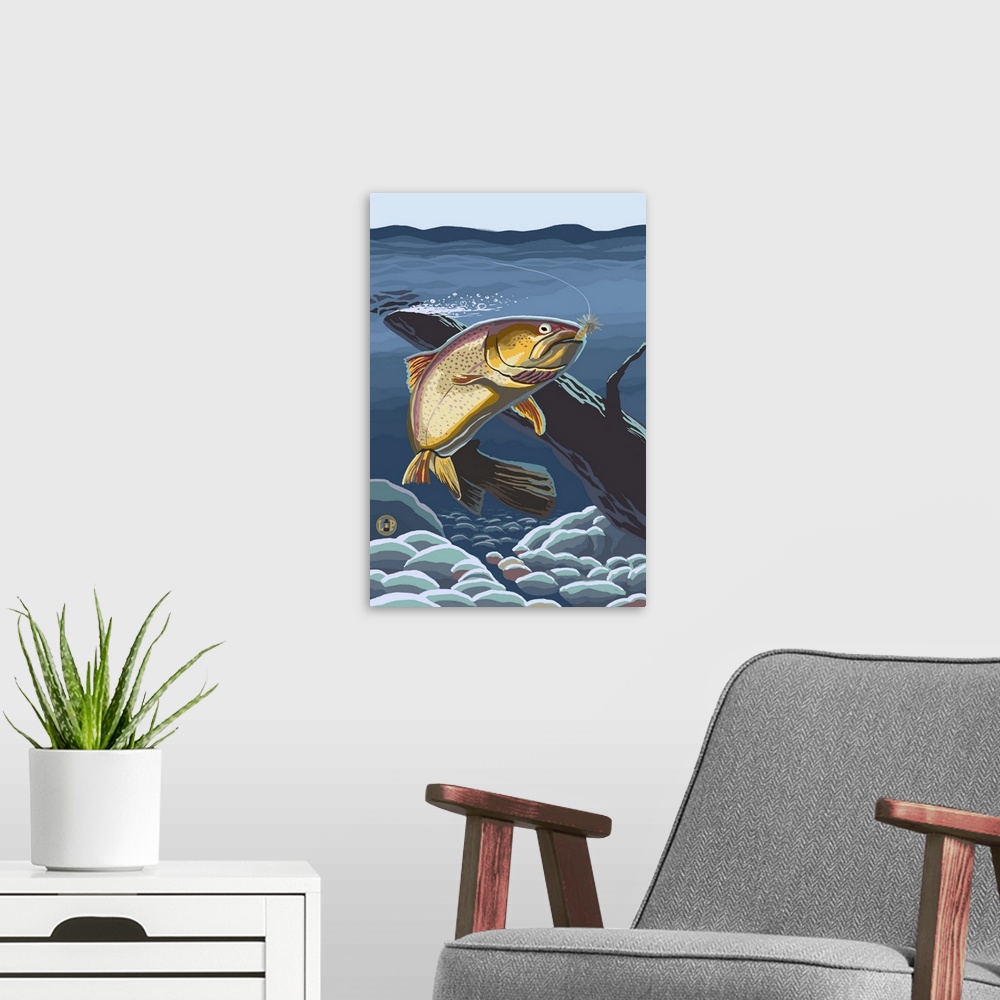 A modern room featuring Retro stylized art poster of a trout with a fishing line caught in its mouth.