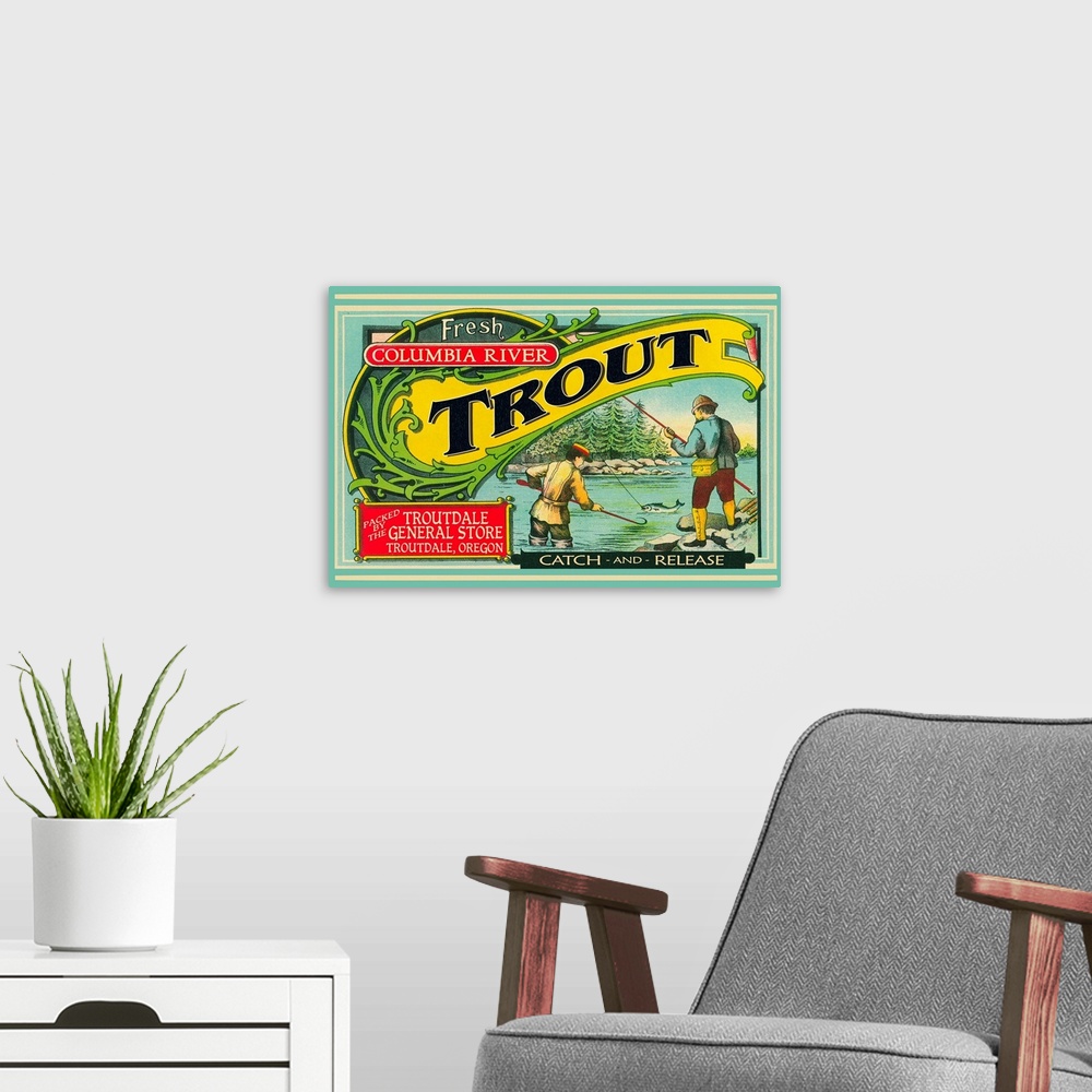 A modern room featuring Troutdale, Oregon Trout Label: Retro Travel Poster