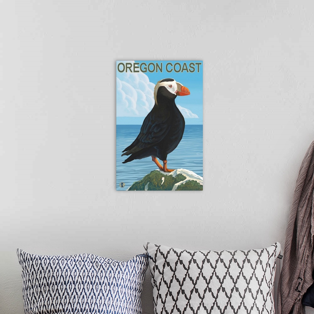 A bohemian room featuring Tufted Puffin - Oregon Coast: Retro Travel Poster