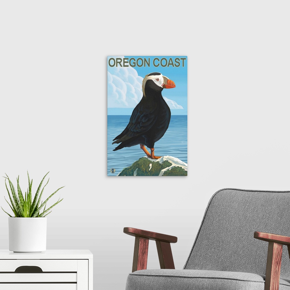 A modern room featuring Tufted Puffin - Oregon Coast: Retro Travel Poster