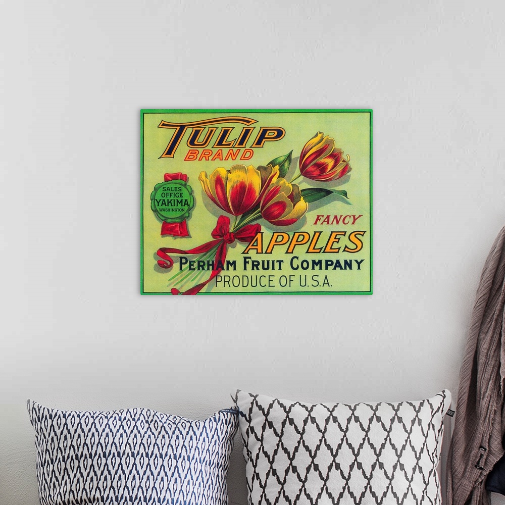 A bohemian room featuring Tulip Apple Crate Label, Yakima, WA