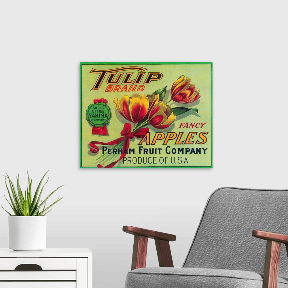 A modern room featuring Tulip Apple Crate Label, Yakima, WA