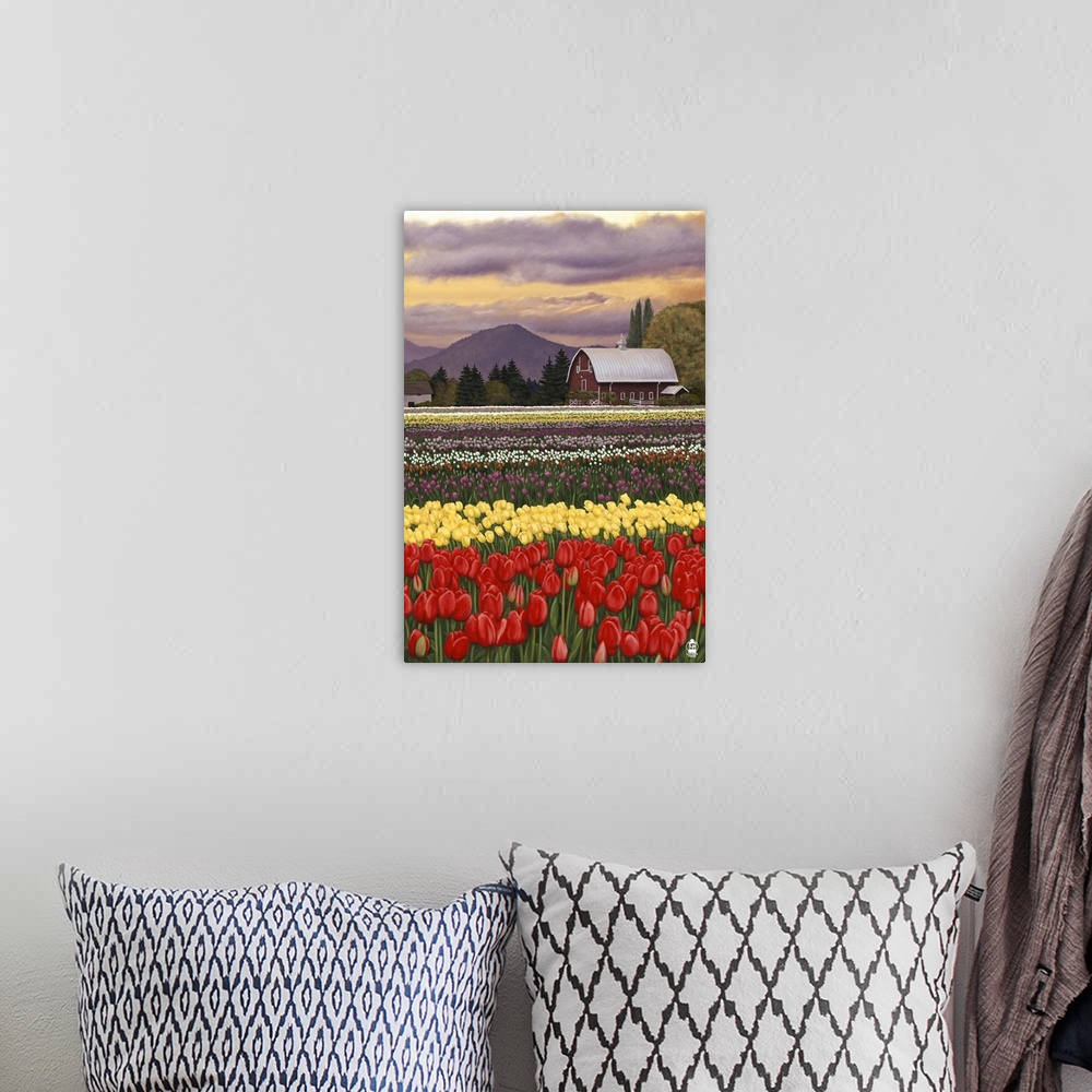 A bohemian room featuring Retro stylized art poster of a tulip farm, with a large field full of tulips and a barn in the ba...