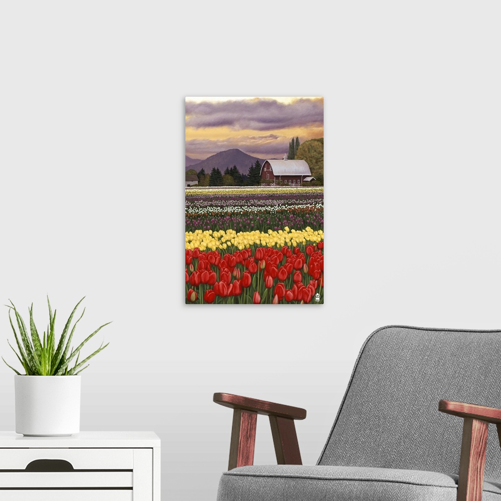 A modern room featuring Retro stylized art poster of a tulip farm, with a large field full of tulips and a barn in the ba...